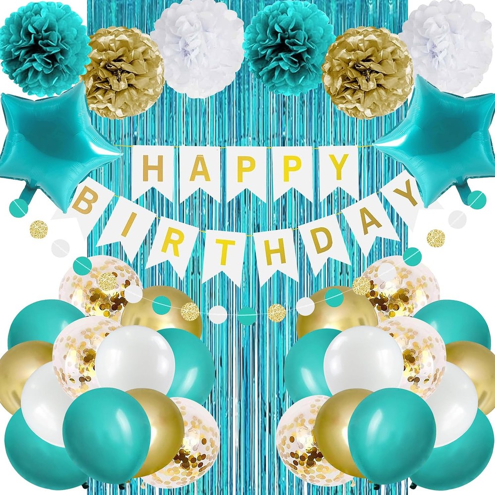 Teal Turquoise Blue and Gold Birthday Party Decorations for Women Girls with Hap