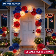 Sabary 20 Pcs 4th of July Porch Decoration Outdoor Red White Blue Paper Fans wit