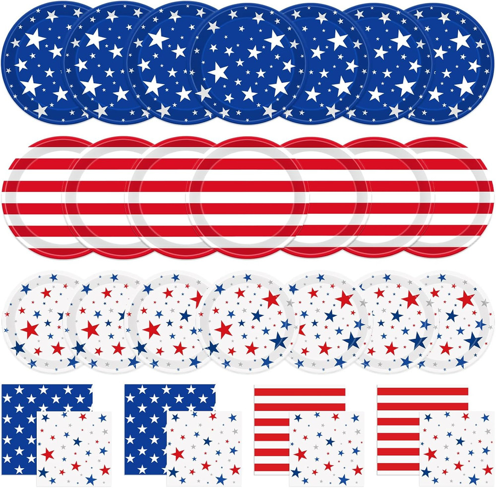 200Pc Patriotic Party Supplies Paper Plates Napkins Set for 4th of July Serve 50