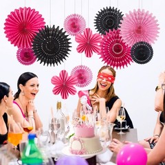 Hanging Paper Fans 11 PCS Pink Black for Sweet 16 Birthday Party Decor