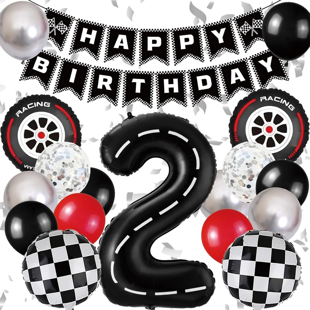 Race Car Party Decorations, with 40 Inch Racetrack Black Number 2 Balloon, Ha…