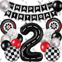 Race Car Party Decorations, with 40 Inch Racetrack Black Number 2 Balloon, Ha…