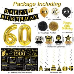 60th Birthday Decorations Set, Back in 1966 Black & Gold Party Supplies, 30 Pcs