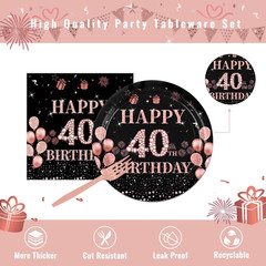 Rose Gold Birthday Tableware,40th Birthday Decorations for Women,61Pcs Rose Gold