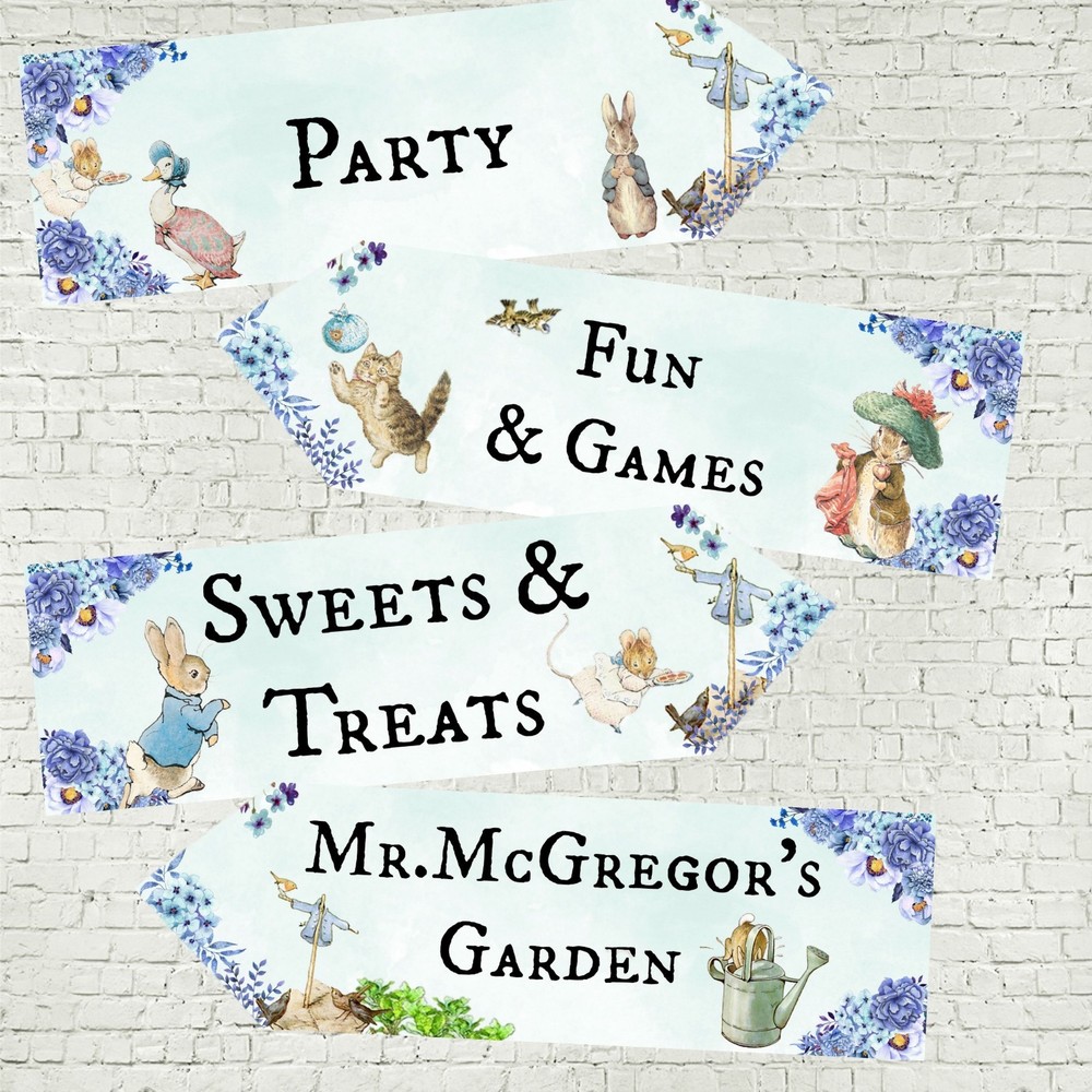 4 Blue Floral Rabbits and Woodland Characters Party Decoration Arrows