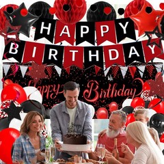 Red Black Decorations, Happy Banner, Backdrop, Balloons, Honeycomb Balls, Sta…