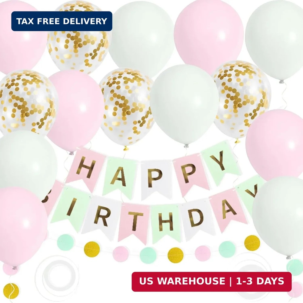 Birthday Decorations for Women Girls with Pink Green Happy Birthday Banner, Circ