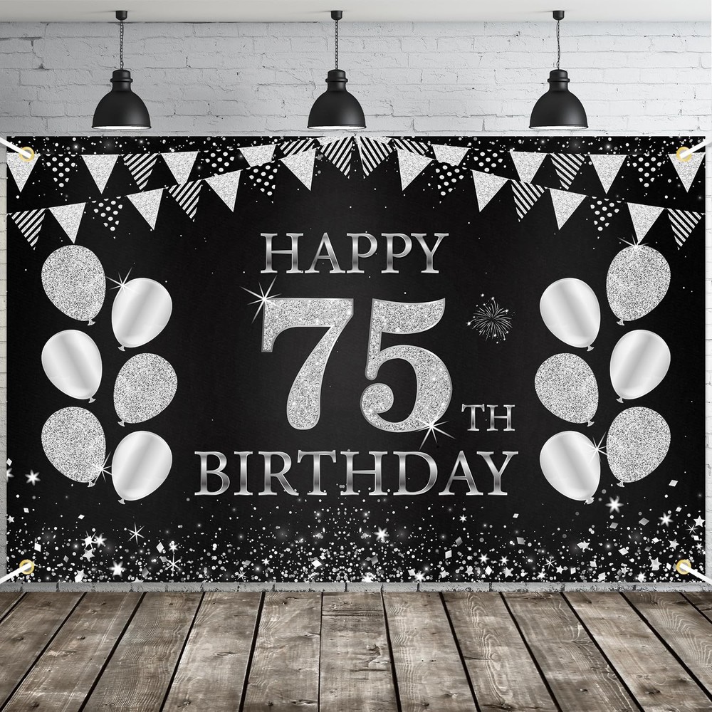 Happy 75th Birthday Banner, Black Silver 75th Birthday Party Decorations for …