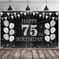 Happy 75th Birthday Banner, Black Silver 75th Birthday Party Decorations for …