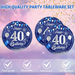 40PCS Happy 40Th Birthday Decorations Blue and Silver Cheers to 40 Years Plates