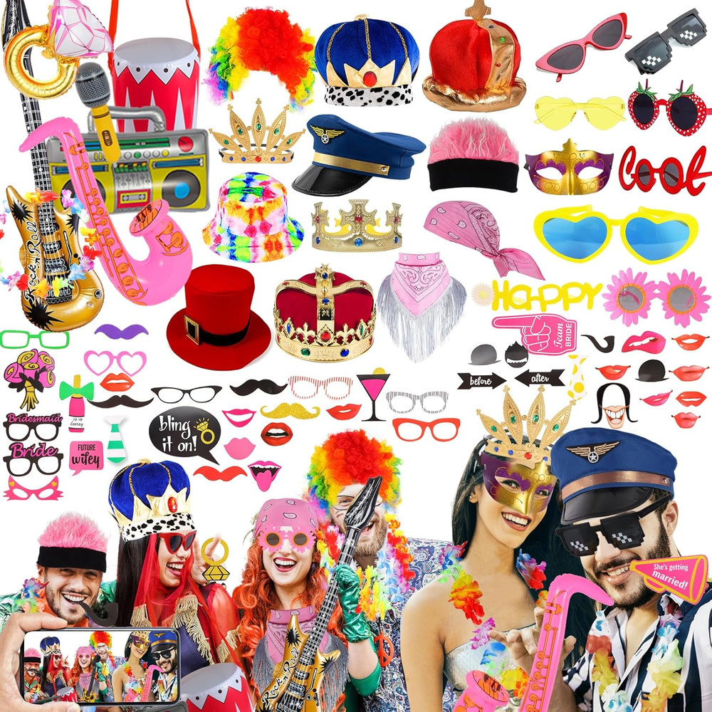 Fun Photo Booth Props Set – Hats, Glasses, Wigs for All Occasions!