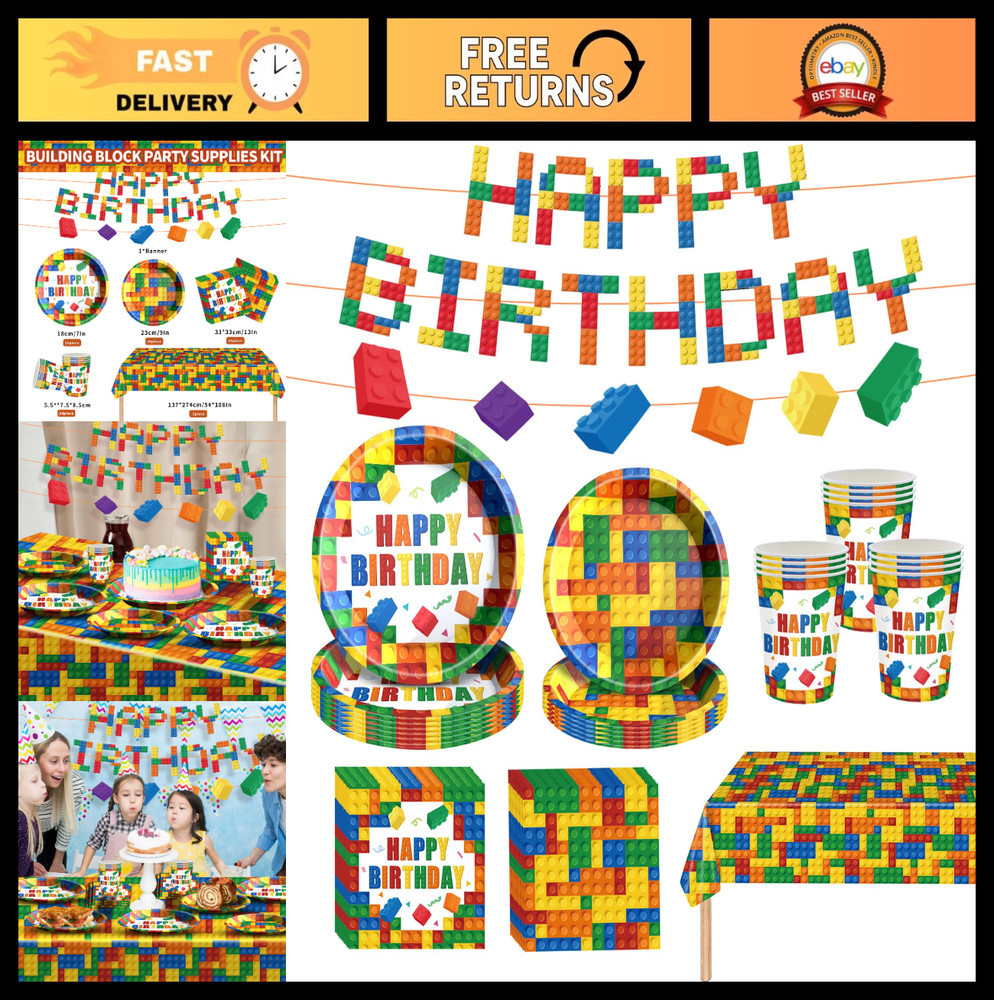Colorful Building Block Birthday Party Supplies – Plates, Napkins, Cups & Banner
