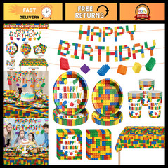Colorful Building Block Birthday Party Supplies – Plates, Napkins, Cups & Banner
