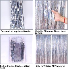 2 Pack 3.2ft x 8.2ft Silver Metallic Tinsel Foil Fringe Curtains, Door Streamer