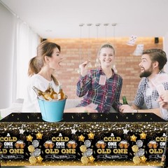 Juweked Beer Party Decorations,Black and Gold Happy Birthday Tablecloth for