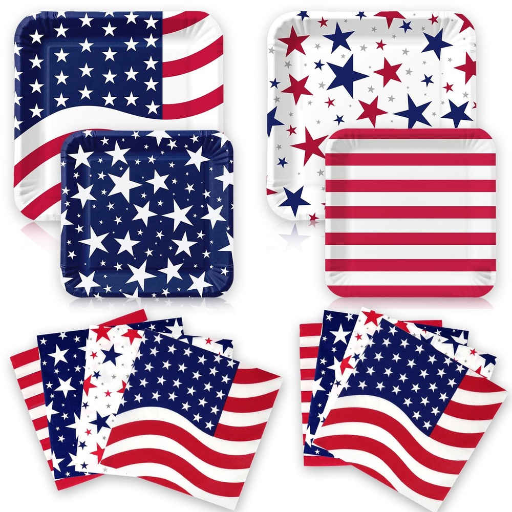 50Pcs Patriotic Party Decoration Plates Set, 4th of July Serve:25, Blue