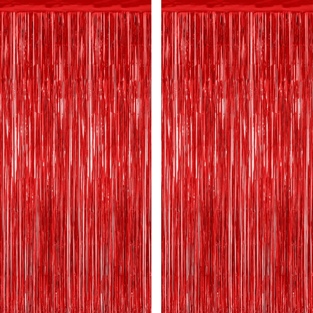 2 Pack Red Foil Curtain Backdrop Birthday Party Decorations | Red, Metallic Foil