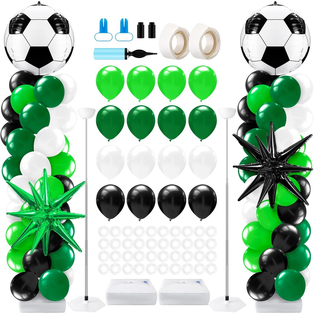 2 Sets Soccer Balloon Column Stand Kit with 4D Soccer, Green Black Star Foil …