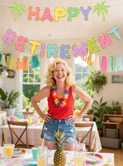 Pre-Strung Happy Retirement Banner – Hawaiian Colorful Retirement Party Decorati