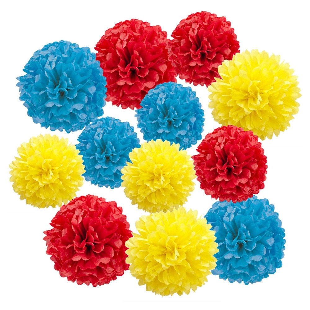 12 PCS Red Yellow Blue Tissue Pom Poms Hanging Flowers Decor 10 & 12 Inch