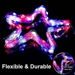 Patriotic Solar Fairy String Lights, 200 LED Red White Blue Waterproof Decor