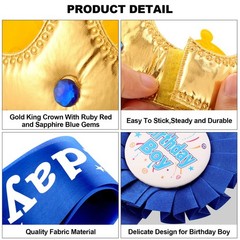 Birthday Crown, Sash Button Pins Set for Boys Party Decorations
