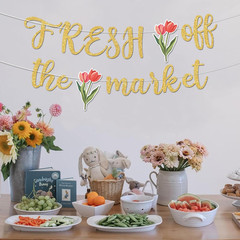 Gold Glitter Bridal Shower Banner, Floral Farmers Market Theme Decor
