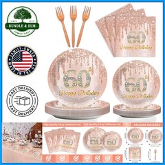 Stylish 60th Birthday Paper Plates and Napkins for 24 Guests in Pink Rose Gold