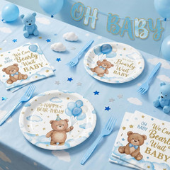 96 Pcs Baby Shower Party Decorations Tableware Set, Blue Bear Disposable Dessert