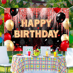 Happy Birthday Backdrop Banner Black and Red Theme Background with Neon Shiny