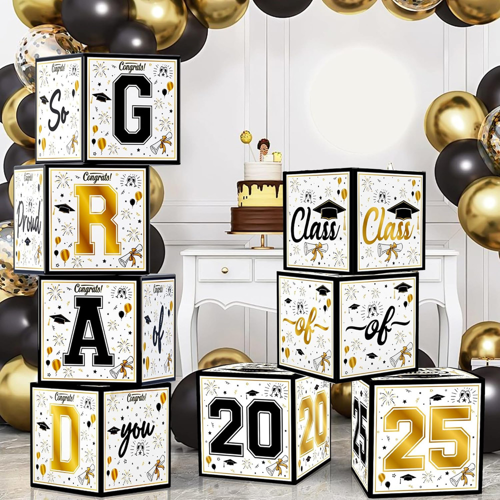 Graduation Party Decorations 2025 – Black and Gold Balloon Boxes, Class of 2025*