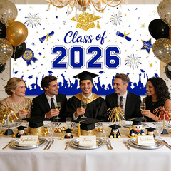 Graduation Decorations 2026 Backdrop Banner – Blue Gold Congrats Grad Photo Prop