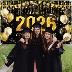 Graduation Backdrop Black and Gold Congratulations Class of 2026 Banner 2026 Gra