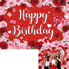 Rose Happy Birthday Backdrop for Women Red Pink Floral Birthday Photography Back