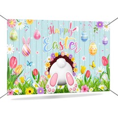 Mocsicka Happy Easter Banner Backdrop Blue Wooden Doors Bunny