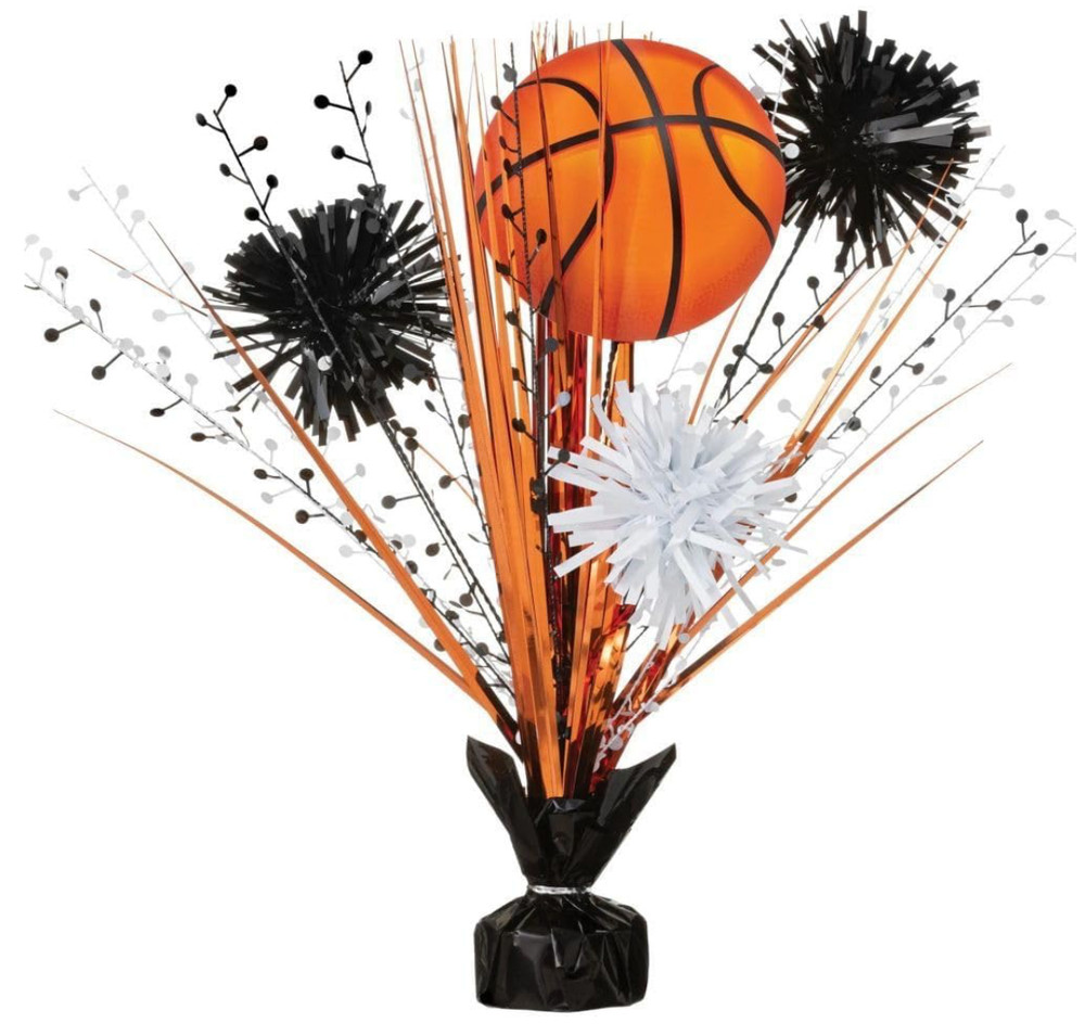 Basketball Deluxe Spray Centerpiece (18″) Pack of 1 – Black & Orange Tinsel Deco