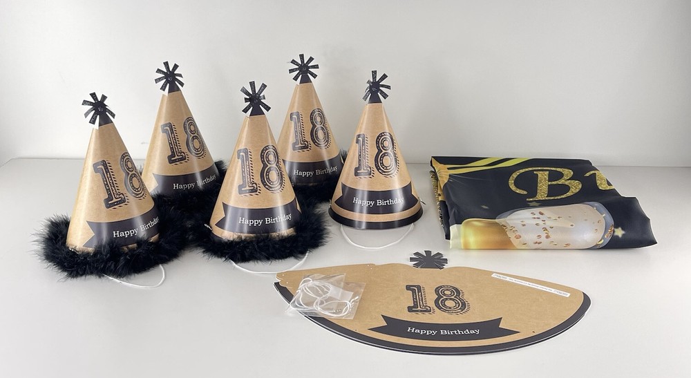 18th Birthday 6 Foot Banner And 8 Party Hats Partially Customized Black Gold Set