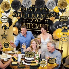 Retirement Party Decorations for Men Women Black Gold Happy Retirement Banner…
