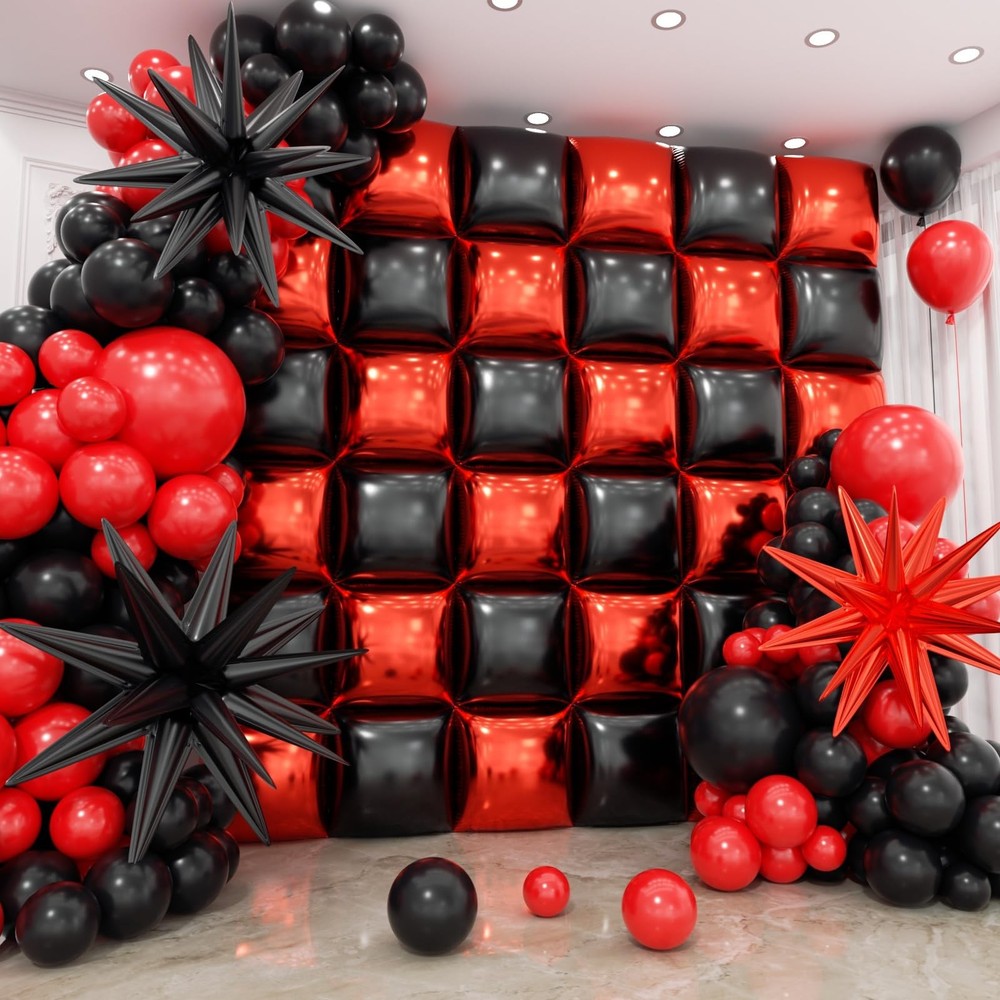 Hkyood 36Pcs Red And Black Square Foil Balloons Wall Backdrop 147Pcs Balloon