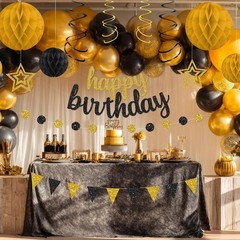 Black and Gold Birthday Party Decorations Set – Happy Birthday Banner Balloon…