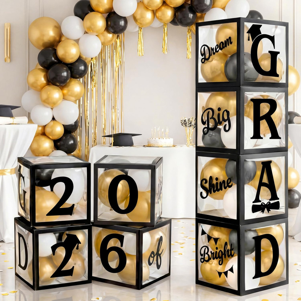 4 Pcs 2026 Graduation Balloon Boxes, Black & Gold Party Decorations with Blessin
