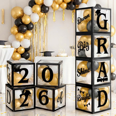 4 Pcs 2026 Graduation Balloon Boxes, Black & Gold Party Decorations with Blessin