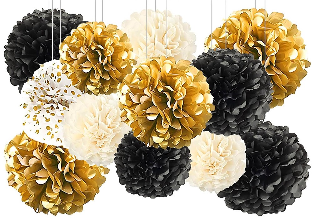 12 PCS Gold Black Hanging Tissue Paper Pom Poms New Year Ceiling Decor