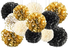 12 PCS Gold Black Hanging Tissue Paper Pom Poms New Year Ceiling Decor
