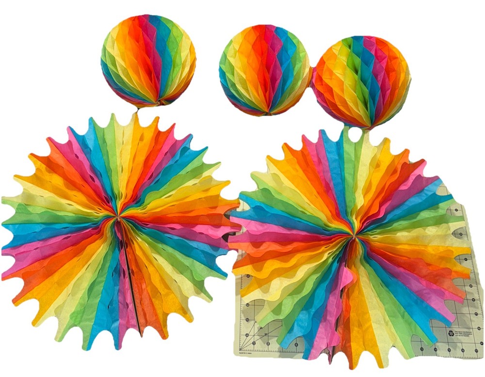 5 Vintage Tissue Paper Accordion Folding Rainbow 18″ Round Honeycomb & Balls 6”