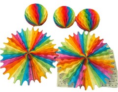 5 Vintage Tissue Paper Accordion Folding Rainbow 18″ Round Honeycomb & Balls 6”