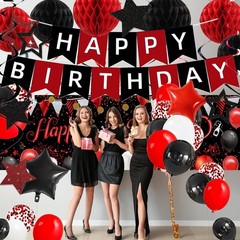 Red Black Decorations, Happy Banner, Backdrop, Balloons, Honeycomb Balls, Sta…