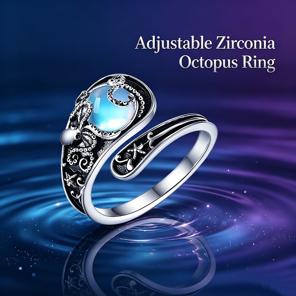 Zirconia Octopus Ring, Open Design, Ocean Theme Jewelry, Adjustable Finger Ring
