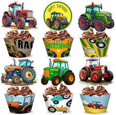 48PCS Tractor Themed Birthday Party Decorations | 24PCS Cupcake Toppers & 24PCS