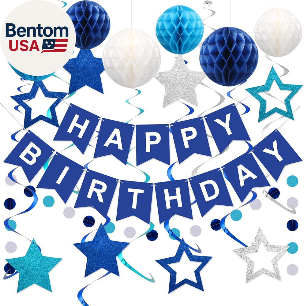 Birthday Decorations, Happy Birthday Banner with Honeycomb Balls, Stars Hanging